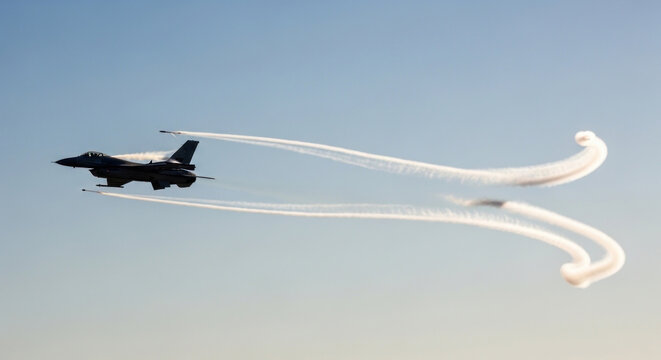 Jet aircraft flying with contrails against clear blue sky aviation and speed