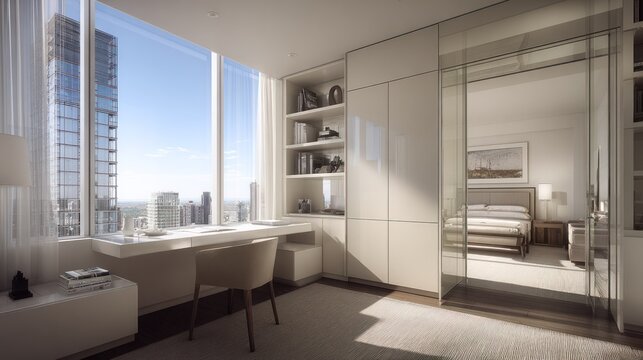 Contemporary home office features built-in shelving and views of an urban skyline.