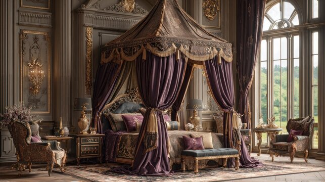 Opulent antique bedroom features a grand canopy bed draped in rich purple fabric
