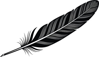 Black and white of a single feather with detailed barbs quill writing © Jolakha