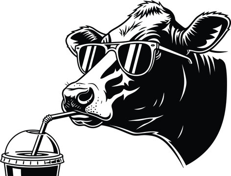 Black and white of a cow wearing sunglasses, drinking from a cup with a straw animal