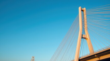 Obraz premium Modern suspension bridge with tall concrete pylons and steel cables under a clear blue sky during a sunny day