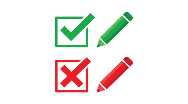 Green check mark and red cross marks with pencils for approval and rejection decisions