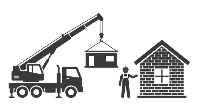 Construction worker overseeing crane lifting modular house section onto building site