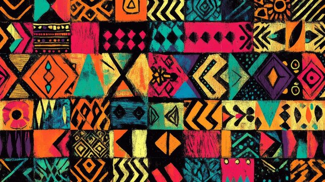 Colorful bohemian print combining ethnic Indian motifs, Aztec geometry, and African batik style, rich in handcraft texture