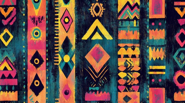 Colorful bohemian print combining ethnic Indian motifs, Aztec geometry, and African batik style, rich in handcraft texture