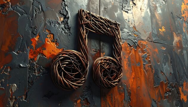 Rustic Musical Note Sculpture on Textured Abstract Background.