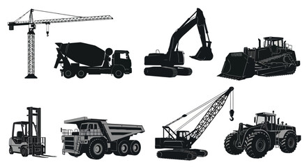 Construction vehicles, heavy machinery icons, black silhouettes, industrial equipment, 8-piece vector set © Uno