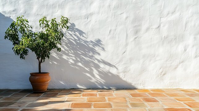 Clean white plastered Mediterranean exterior wall with smooth lines, green potted plant casting shadows on terracotta tiles, natural sunlight