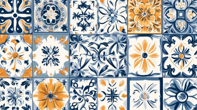 Azulejos seamless patchwork background with mixed tile shapes, floral rosettes, and swirling baroque motifs in Mediterranean color palette