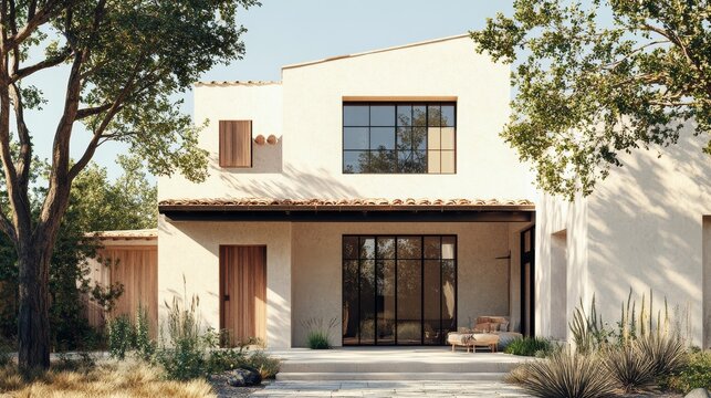 Soft-toned architectural rendering of Mediterranean house facade with minimal details, dry climate plants, and whitewashed surfaces