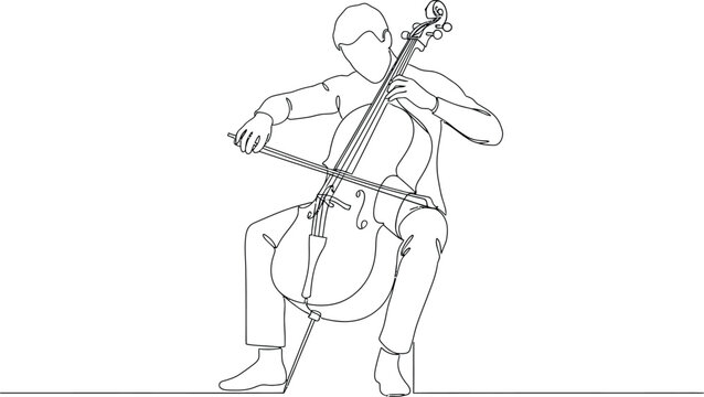 Continuous line drawing, minimalist musician, cello player, music icon
