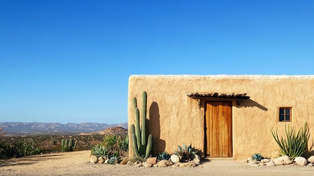 Desert-style adobe house with rough-textured walls and wooden door, isolated in arid landscape under cloudless sky