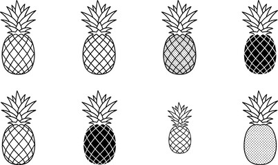 Obraz premium Pineapple Line Art Icon Set with Textured Tropical Fruit Patterns for Summer Beach Parties, Organic Juices, and Exotic Food Branding Designs