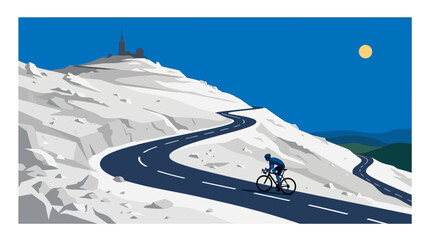 Obraz premium A powerful flat design illustration of a lone cyclist conquering the iconic, barren slopes of Mont Ventoux, a legendary climb in the Tour de France.