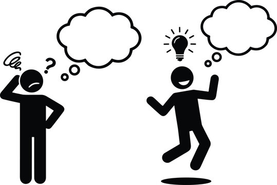 Confused stick figure man with question mark and thought bubble next to happy jumping man with lightbulb idea vector