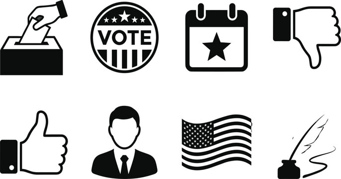 Election voting icons set featuring ballot box vote badge calendar thumb signals politician avatar American flag quill inkwell vector