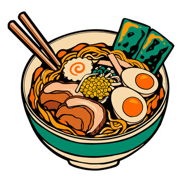 Detailed illustration of a bowl of Japanese ramen soup with noodles, soft-boiled eggs, chashu pork, seaweed, chives, and bamboo shoots. Vector graphic for food design.