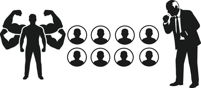 Strong powerful multi-armed employee leader figure standing out from crowd of avatar icons while executive corporate manager manager blowing whistle vector