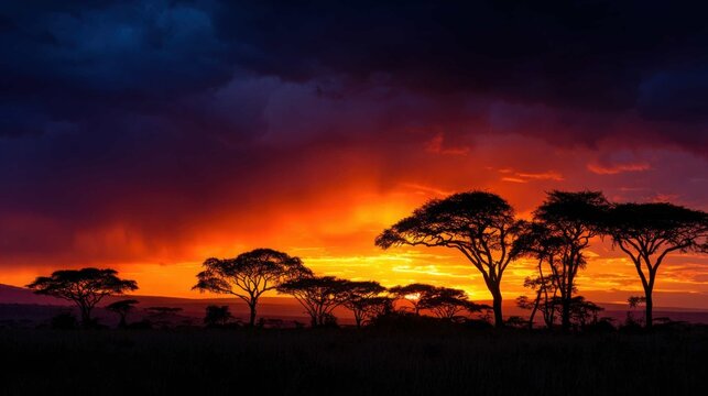 Dramatic crimson sunset illuminates African savanna with silhouetted trees on the horizon