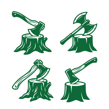 Green axes stuck in tree stumps icons set: woodcutting lumberjack forestry symbols with tree stump white background design element double axe woodcutting lumberjack collection forestry