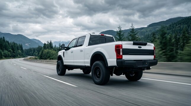 High-performance white pickup truck with black trim and off-road upgrades moving on a paved highway.