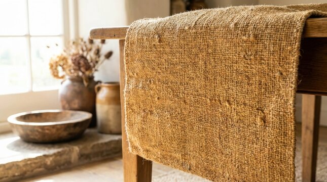 Rustic woven jute fabric runner with coarse fibers draped over the edge of a weathered wooden table, featuring an interior background with ceramic jars and a wooden bowl.