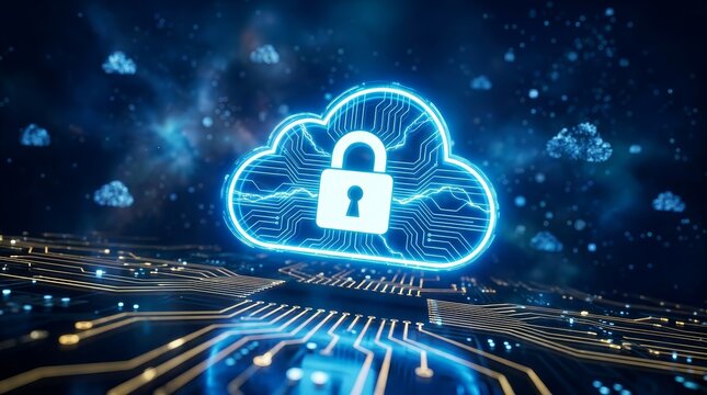 Dynamic cloud computing diagram showing cloud security through a central lock and secure network connections.