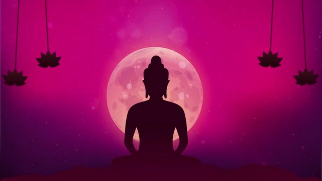 Buddha statue silhouette meditating in front of a giant full moon on a pink background.