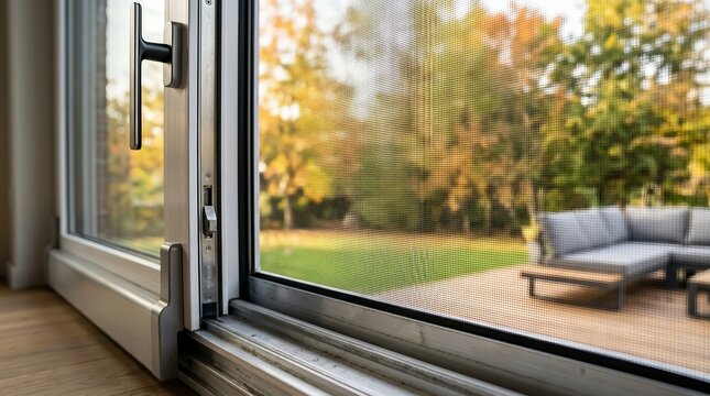 Detail of a residential sliding window equipped with a mosquito net screen.