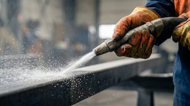 Worker performing abrasive blasting on a metal part for industrial coating