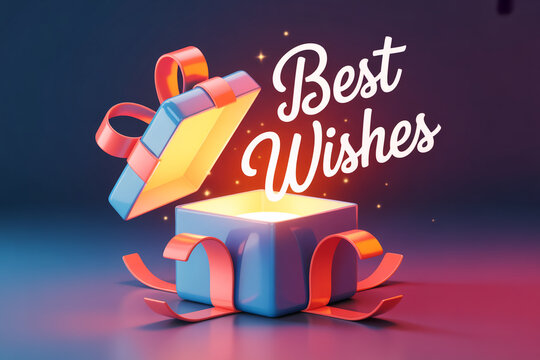 Glowing gift box with Best Wishes text, magical open surprise present with light, festive holiday celebration concept with pink and blue lighting