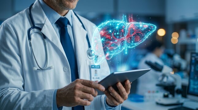 Doctor using digital technology to display liver enlargement and abdominal fluid health issues on a device.
