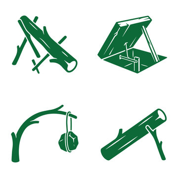 Collection of primitive outdoor survival tools and traps icons: wood log stand box trap snare log prop with white background cut out self reliance primitive survival wilderness handmade