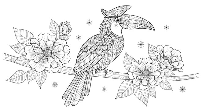 Intricate line art illustration of a toucan bird perched on a flowering branch for adult coloring and meditation.