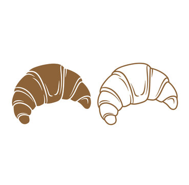 Two croissants one brown and one outline on white background