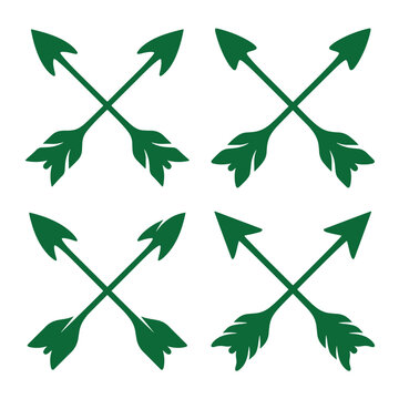 Crossed archery arrows icons in green symbolizing hunting direction or indigenous culture with x shape line art white background cut out illustration direction indigenous fletching isolated