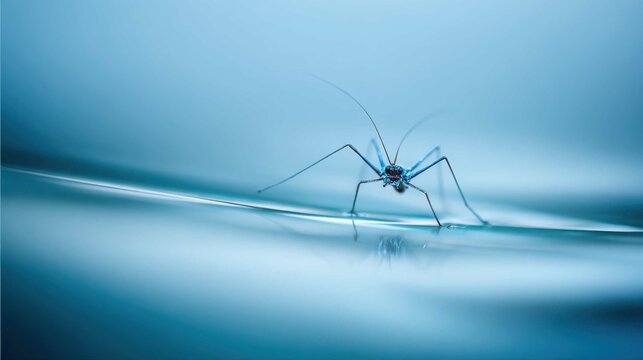 Delicate water strider insect gracefully gliding across the still surface of blue water