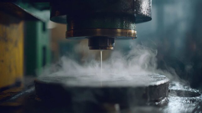 Heavy duty industrial press stamping metal sheets with steam and liquid detail