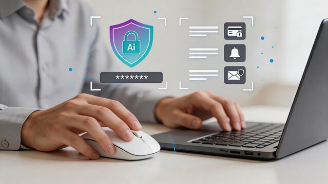 Person using computer mouse and laptop with a holographic shield icon featuring AI text and password field, illustrating artificial intelligence cybersecurity, data protection,