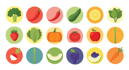 Fototapeta premium Collection of colorful fruit and vegetable icons in circular frames including broccoli, chili, pumpkin, apple, and more.