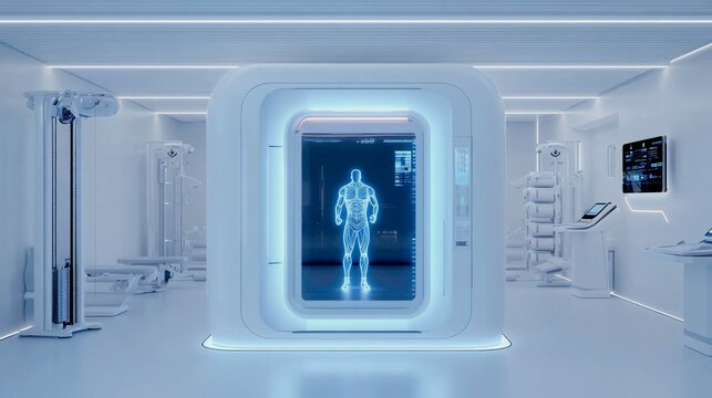A futuristic training pod in a high-tech facility. The central piece is an interactive smart mirror displaying a boxer's workout form