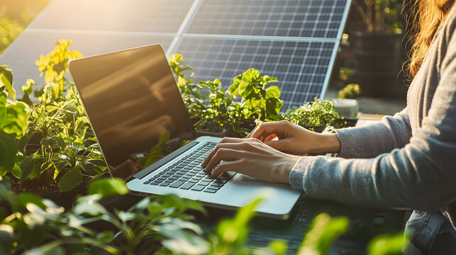 Remote Work Rooftop Garden Laptop Hands Background