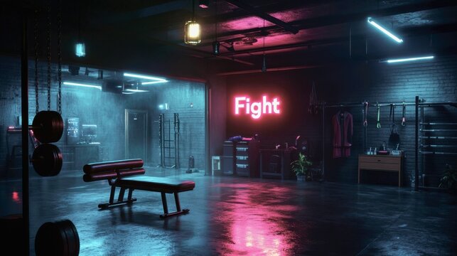 A cinematic, moody scene in a gritty urban garage transformed into a training den