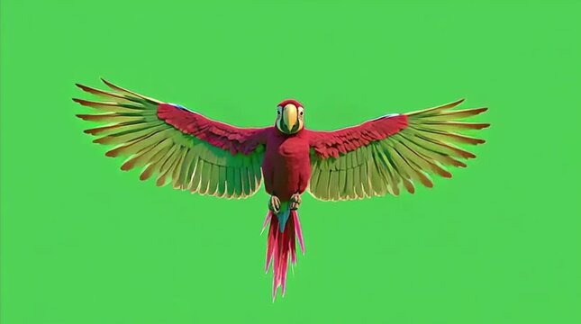 Scarlet macaw parrot flying with spread wings isolated on a solid green screen chroma key background