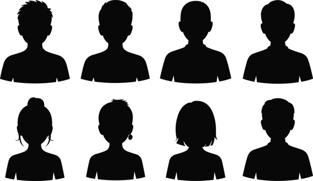 Black human silhouette profiles with diverse hairstyles and head shapes, showcasing abstract portrait icons for design, avatar, and illustration concepts