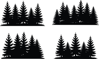 Fototapeta premium Black silhouette illustration of evergreen trees in grouped forest clusters, highlighting coniferous shapes, natural landscapes, and environmental design themes