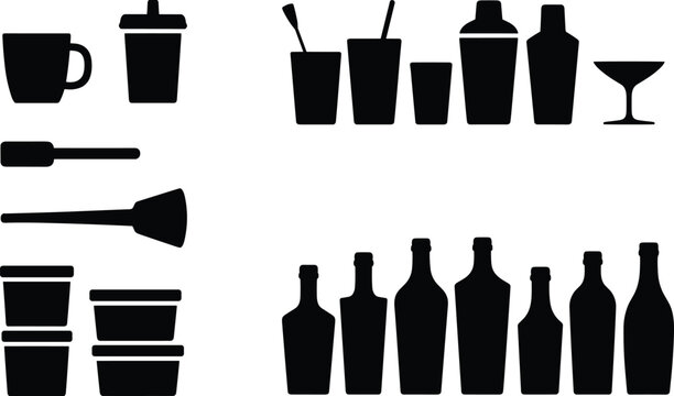 Black silhouette illustration of diverse beverage containers including cups, bottles, glasses, and drinkware icons arranged in organized comparative layout