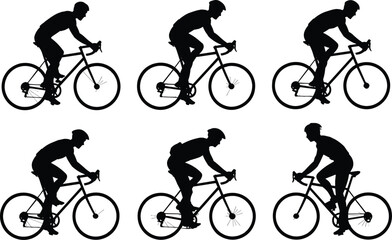 Obraz premium Black silhouette illustration showing multiple cyclists in varied riding postures on road bicycles, highlighting differences in cycling motion and style