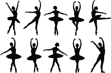 Black silhouette illustrations of ballet dancers in classical poses with tutus and pointe shoes, symbolizing dance, elegance, performance, and artistic concepts © MstNur
